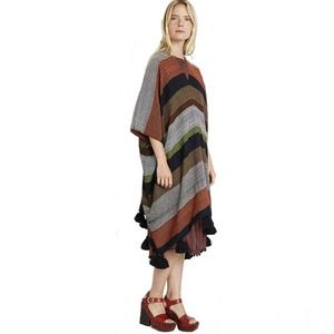 Apiece Apart Serape Poncho Stripe V-Neck Pom Pom Long one size Alpaca‎ Wool
